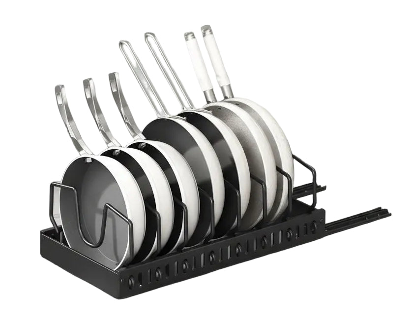 Pull-out pots and pans organizer for kitchen cabinets